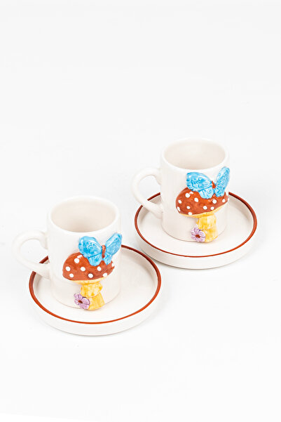 Loomart طقم فناجين قهوة مصنوع يدويًا من 4 قطع لشخصين مع تصميم الفطر والفراشة