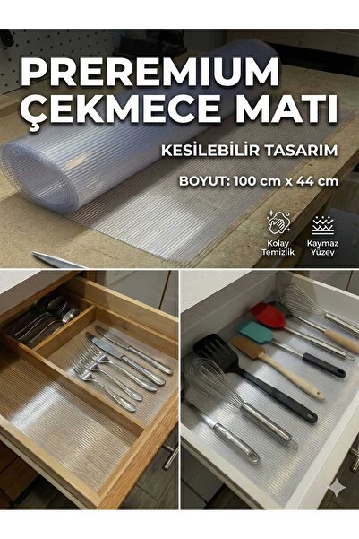 LOVYCO Premium Şeffaf Çizgili Çekmece Matı 44x100 cm-Kesilebilir Raf Örtüsü,K...