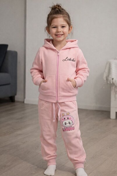 ROYAL Babywear Kız Çoçuk Fermuarlı Kapişonlu Labubu Baskılı Eşofman Takımı