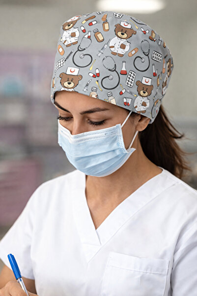 Lion Üniforma Dr. Bear Desenli Unisex Cerrahi Bone Hemşire ve Doktor Bone