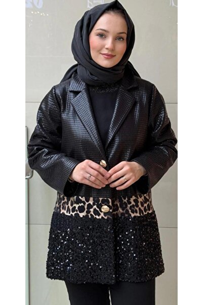 Ghisa KARE DESENLİ PUL PAYET VE LEOPAR DETAYLI DERİ CEKET