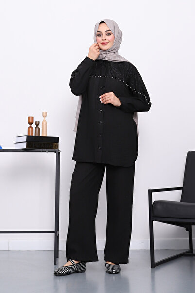 İmajButik Black Lace Detailed Beaded Tunic Trouser Suit