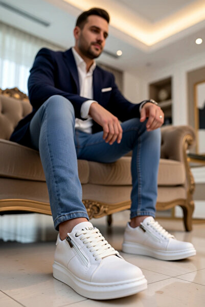 BENERLY Men's Lace-Up Zippered Leather Sneaker Standard Fit Functional Durabl...