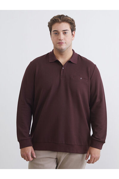 LC Waikiki Burgundy Plus Size Polo Collar Men's Sweatshirt