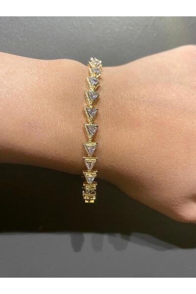 Çelik Altın Tonlu Üçgen Taşlı Bileklik