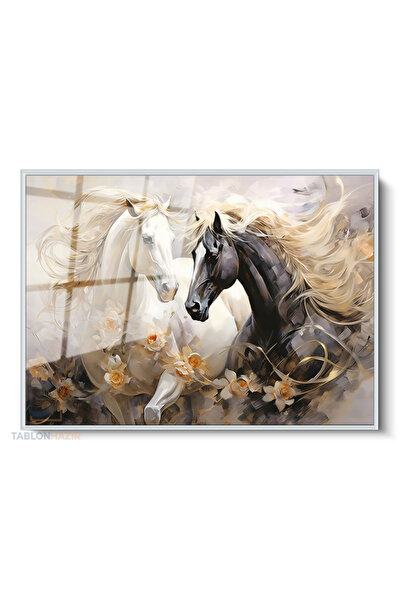 tablonhazır Çerçeveli Yatay Cam Tablo Salon Duvar Tablosu Yatay Cam Cift At S...