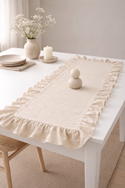 MZN Home 4 Kenar Fırfırlı Bej Keten Runner 25x50 cm – %100 Doğal Pamuk
