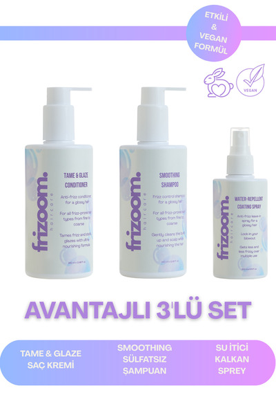 Frizoom Avantajlı 3'lü Set - Elektriklenme Karşıtı Parlaklık Veren Şampuan, K...