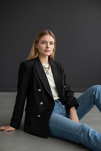 SEVINA BUTİK Gold Düğmeli Rahat Kesim Lacivert Bleazer Ceket