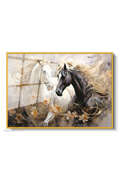 tablonhazır Çerçeveli Yatay Cam Tablo Salon Duvar Tablosu Yatay Cam Cift At S...