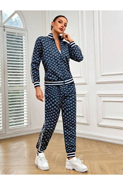 COjans طقم نسائي مكون من بلوزة وبنطلون بأكمام طويلة وسحاب أمامي ونقشة من خيطين