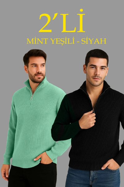 IVORA WEAR Men's Corded Fabric Knitwear Sweater Set of 2 – Mint Green & Black, Thick Woven Cotton Regular Fit V-Neck Fe