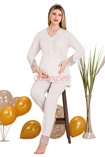 quilling طقم بيجامة للحوامل مكون من قطعتين، لون أبيض، تفاصيل من الدانتيل، 332...