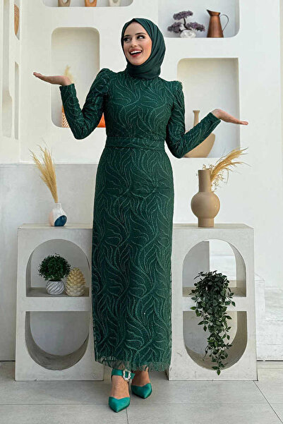 Bym Fashion Dal Desenli Simli Tül Abiye Elbise 1140 Zümrüt