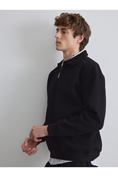 LC Waikiki Black Zippered Polo Neck Men's Textured Sweatshirt