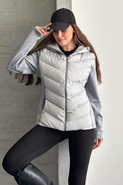 moda armanc Women's Hooded Puffer Jacket - Waterproof Basic Casual Contrast Gray Jacket