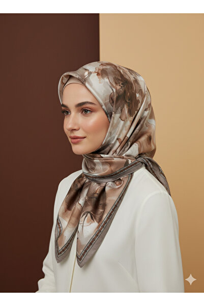 Arel Eşarp Tekstil Brown Soft Scarf 90X90 Cotton Fabric Floral Pattern Non-Sl...