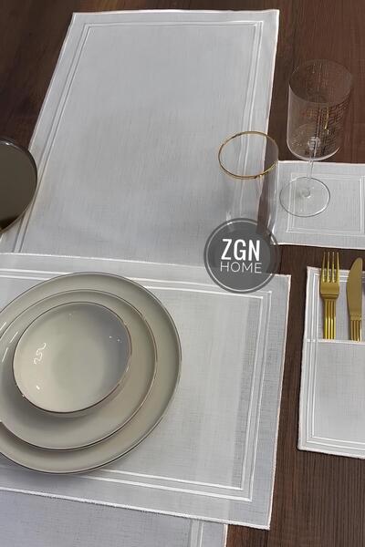 ZGNHome 19 Parça 6 Kişilik Şerit Beyaz Nakışlı Amerikan Servis Takımı