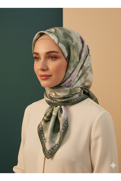 Arel Eşarp Tekstil Haki Soft Scarf 90X90 Cotton Fabric Floral Patterned Non-S...