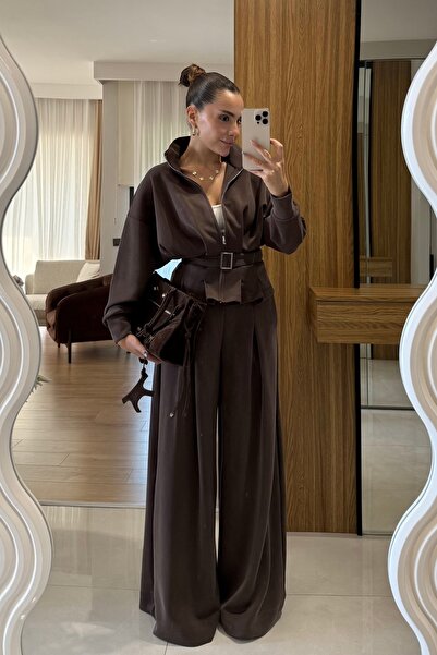 Moderk Modal Kumaş Alt - Üst Takım Kemerli Ceket ve Geniş Paça Pantolon