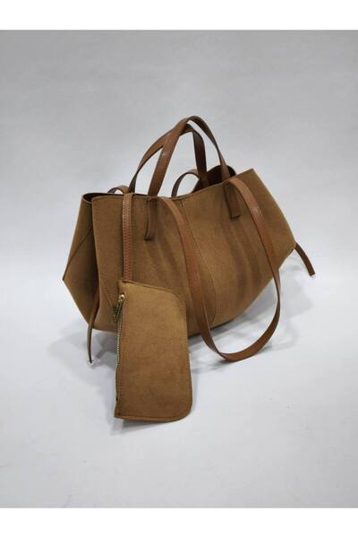 AYSAMOOD Süet Yumuşak Süet Görünümlü Büyük Tote Çanta | Ek Cüzdanlı Maxi Boy