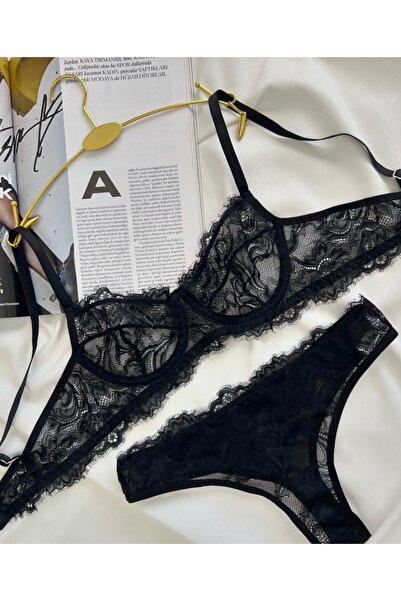 Butik Siyah Kirpikli Dantel Detaylı Balenli Tül İç Çamaşırı Takımı