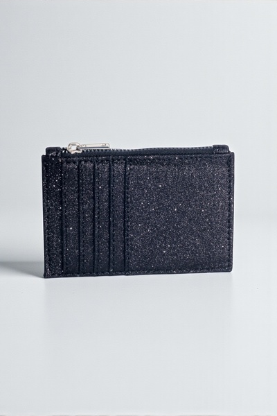dericom Kadın Simli Fermuarlı Siyah Cüzdan – Kart Bölmeli İnce Model