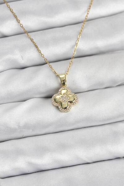 Skygo قلادة نسائية من الفولاذ 316L بلون ذهبي مع حجر الزركون على شكل ورقة البر...