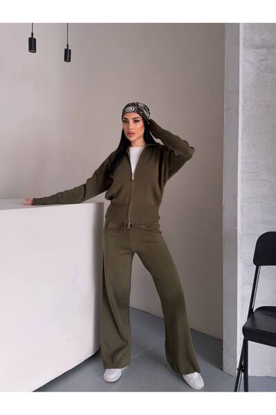 Lovely butik Women's Double Zippered Knitwear Set - Comfortable Fit Knitted Double Set with Wide-Let Pants