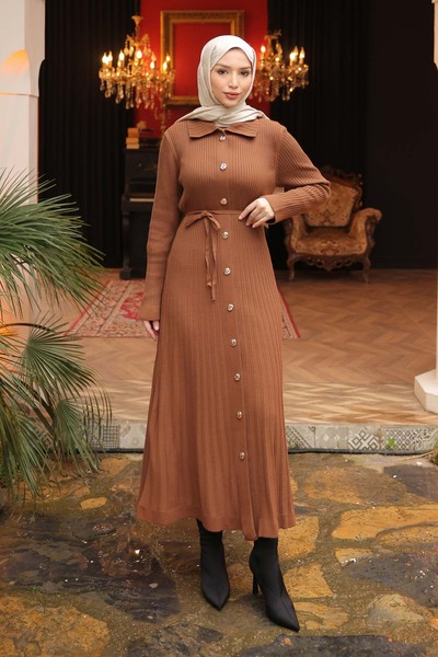 İmajButik Tan Buttoned Knit Dress