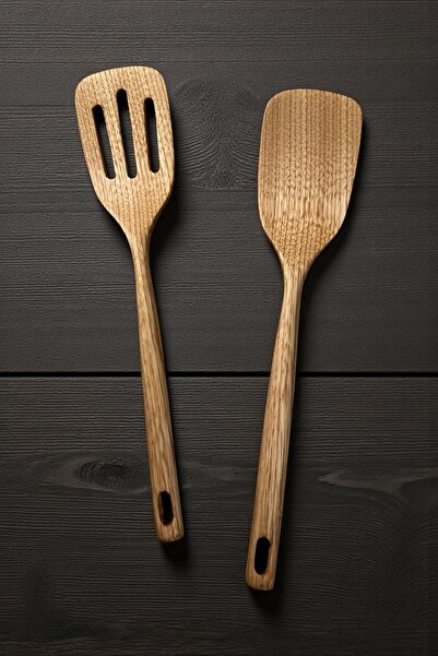 Öz ahsap 2 Piece Chestnut Wood Spatula, Cooking Spoon, Non-Stick Surface Serving Cooking Set