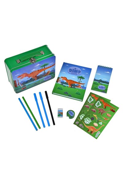OEM Set școlar cu penar metalic cu dinozaur, verde, 11 accesorii
