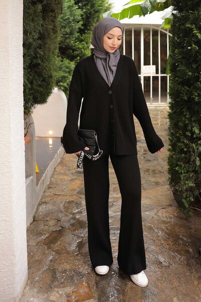 İmajButik Black Thessaloniki Knitted Cardigan Trouser Knitwear Set