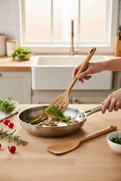 Öz Ahşap Acacia Wood 2 Piece Spatula, Spoon, Non-Stick Surface Serving Cooking Set