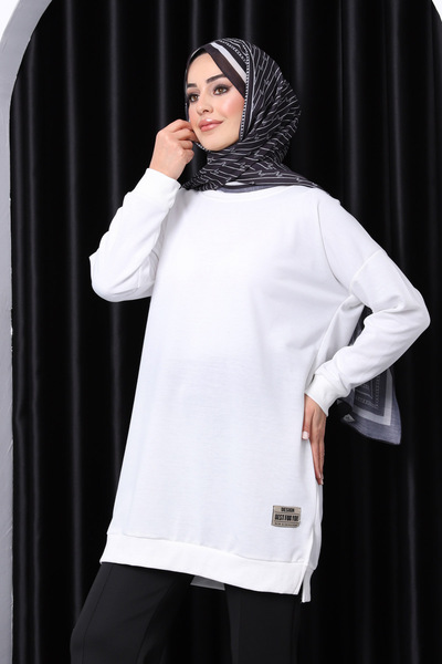 İmajButik Ecru Crew Neck Embroidered Tunic