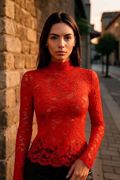 Lovely butik Red Lace Detail Stand-Up Collar Slim Fit Bluse