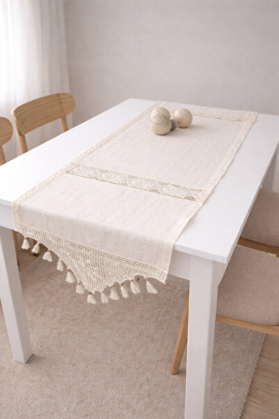 MZN Home 2 El Dantelli & 2 Ara Güllü Krem Monika Runner 40x150 cm – %100 Doğa...