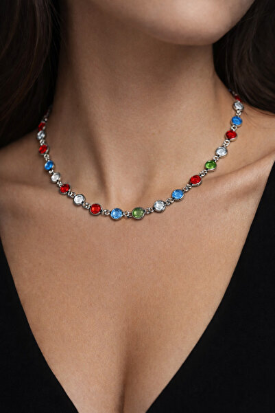 Nafu Renkli Taşlı Zincir Kolye – Gümüş Renk Kaplama