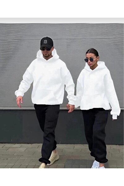 YRN COLLECTION Unisex Kadın Erkek Sevgili Çift Kombini Basic Beyaz Düz Kapüşonlu Alt-Üst Eşofman Takımı 2'li Set