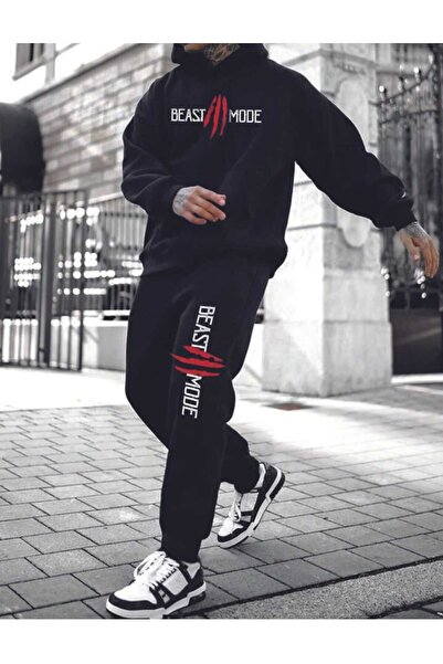 LELVANİ Unisex Women's Men's Oversize Beast Mode Printed Hooded Bottom-Top Tr...