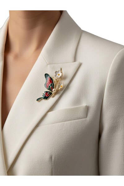 modamira İnci Detaylı Papatya Figürlü Renkli Kelebek Tasarım Broş