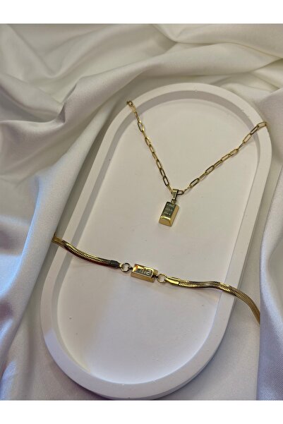 stainles steel Paslanmaz Çelik Gold-Altın Külçe Kolye ve Bileklik Seti