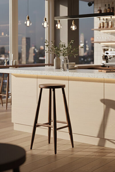 Woodenbend Laura Bar Taburesi Ceviz Rengi Kayın Ağacı Modern Country Tarz Bar...