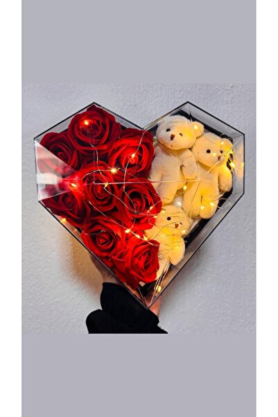 Niyamore Sevgiliye Özel Işıklı Kalp Kutu Gül & Ayıcık