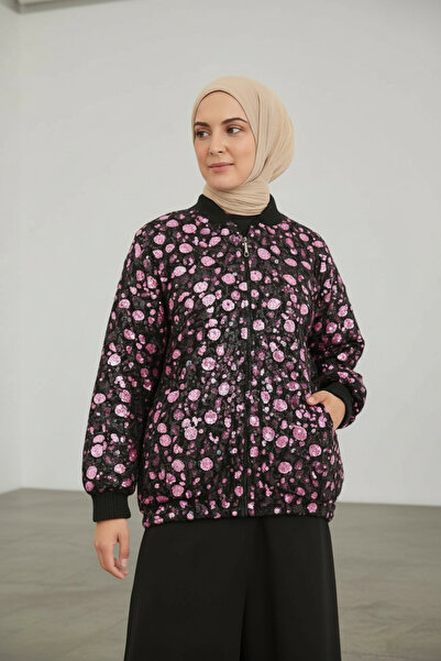 Molly Nelly Kadın Pul Payetli Parlak Çiçek Detaylı Fermuarlı Hırka