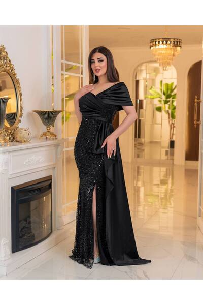 Matik Abiyem İncili Payet Saten Tasarım Yırtmaçlı Kolsuz Pelerinli Elbise Abiye