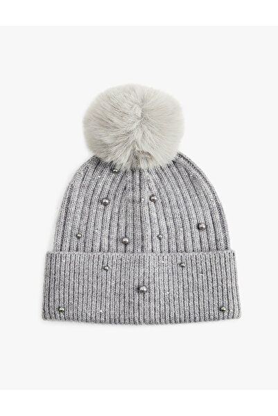 Koton Beretă tricotată pliată cu pompon cu detalii cu mărgele