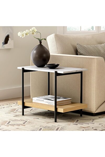 CHOGORI Modern 2-Tier End Table: Metal Frame & Faux Marble Top, 2 Wooden Shelves for Bedroom or Living Room.
