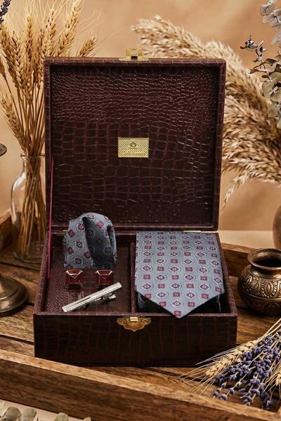 Kravatkolik Claret Red Men's Gift Box - Tie with Handkerchief Cufflinks Tie C...