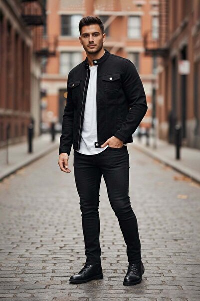 Fulla Moda Fermuarlı Cepli Hakim Yaka Kot Ceket